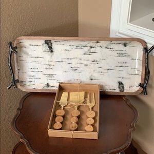 Thirstystone wood/enamel tray & cheese knife set